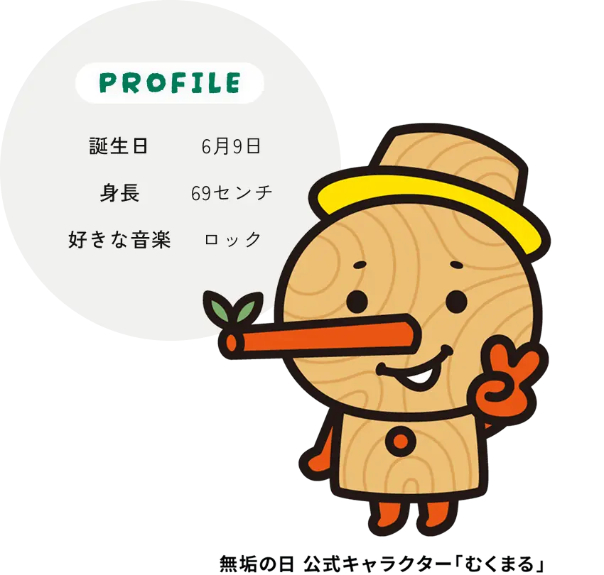 無垢の日 公式キャラクター「むくまる」 誕生日：6月9日 身長：69センチ 好きな音楽：ロック